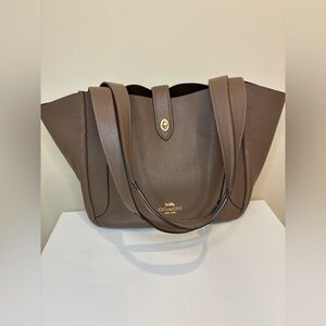 Coach Dark Stone Hadley Turnlock Tote in a polished pebble leather.